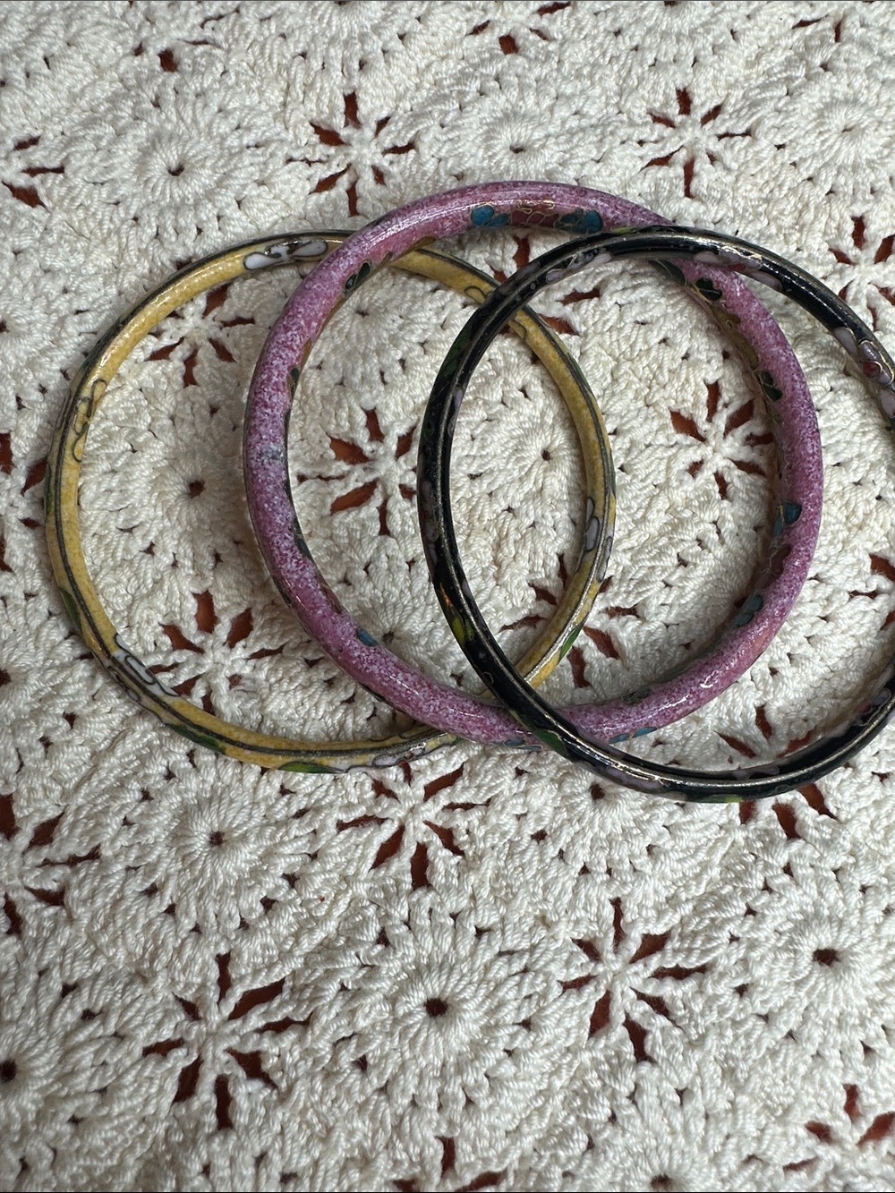 Glass Hand-Painted Women’s Bangle Bracelet Set in Pink, Yellow, and Black
